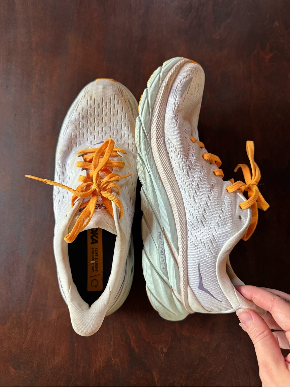 Hoka Clifton 8 Women’s White Running Shoes with Orange Laces